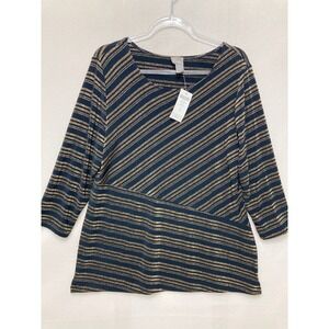 New Chico's Travelers Striped Top size Large/2 Navy Gold Metallic 3/4 Sleeve